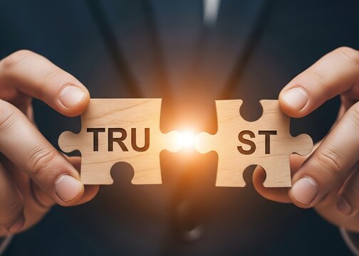 A man shares two puzzles with the word Trust. Violation of agreements and promises concept. Lose credibility and failed to maintain professional reputation. Lie and cheat. Bad consequences.