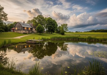 Obraz premium Tranquil Pond Reflection and Autumn Trees