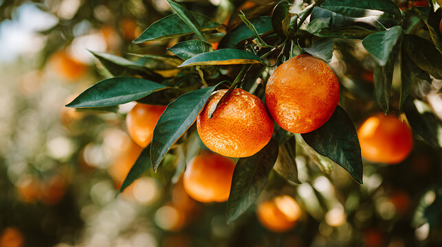 Ripe oranges on tree branches with green leaves fruit citrus - Powered by Adobe