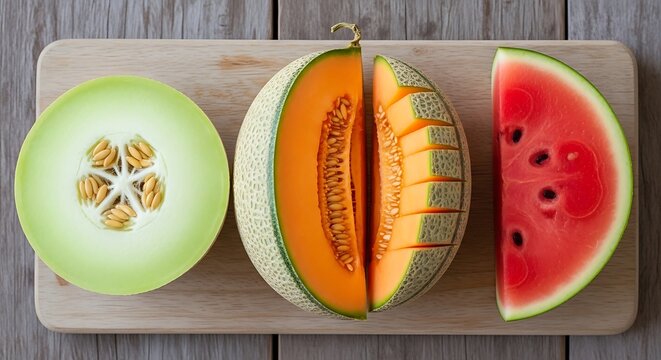 Assortment of Fresh Melons and Watermelon Slices on a Wooden Cutting Board.