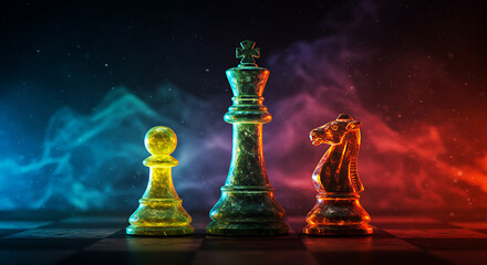 Three glass chess pieces pale pawn, tall king, fiery knight, stand before neon smoky backdrop. glow