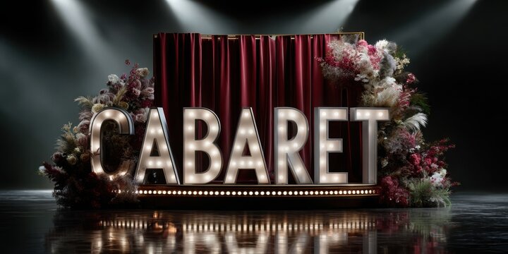 Brightly lit cabaret sign with vibrant flowers and red curtains, creating an inviting atmosphere for entertainment and performance in a theatrical setting - Powered by Adobe