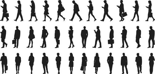 Business people silhouettes, professional poses, walking and standing figures, mobile device usage, briefcase icons, corporate attire, crowd behavior reference