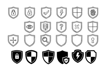 Black shield icons, white outline silhouettes, vector emblem set, heraldic badge shapes, protective graphic protection shield silhouette pack