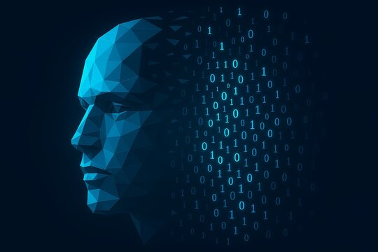 Futuristic digital face dissolving into binary code, representing AI innovation