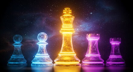 Translucent chessmen glow in a cosmic vignette; gold king stands center among blue, violet peers!!!!