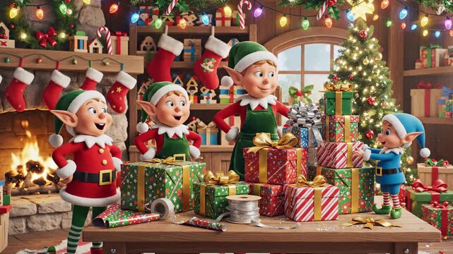Animated Elves in Workshop preparing gifts for Christmas with Festive Atmosphere