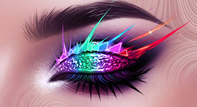 Digital art representation of bold eyeshadow with glowing, geometric designs