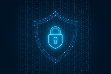 Cybersecurity shield protecting data with glowing digital binary code background