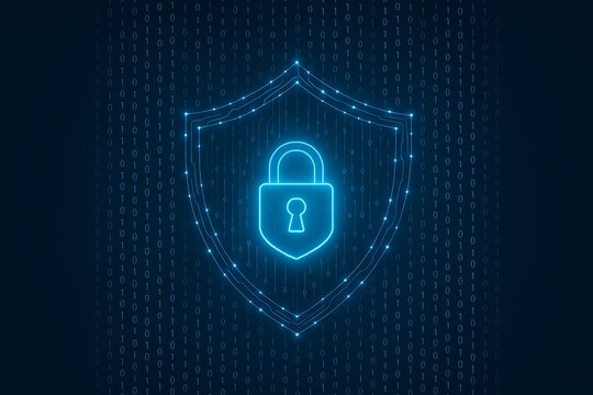 Cybersecurity shield protecting data with glowing digital binary code background