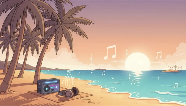 Lofi radio background music with chill vibes under coconut trees on a summer beach. anime comics artstyle
