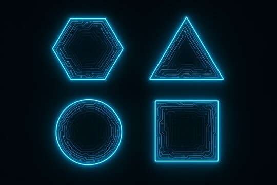 Futuristic glowing geometric shapes create an advanced technology circuit board design