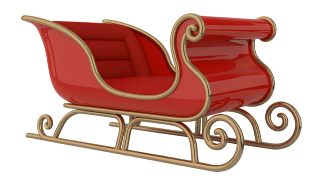 Iconic red Santa sleigh with gold trim, ready for winter magic