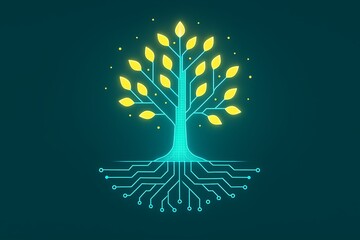 Modern technology tree with glowing leaves and digital roots for growth concepts