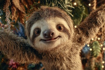 Obraz premium Close up funny sloth smiling on tree branch in tropical rainforest with warm light and detailed fur