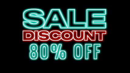 Animation up to 80% off Neon Lights, Discount Glowing Lights, LED Neon Sal. Suitable for banner promotions, Special Offers, sales, discounts.