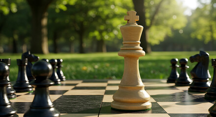 Sunlit park chessboard scene features a prominent white king amid surrounding dark pieces. gleam sun