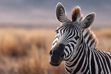 Fototapeta premium Curious zebra standing in golden savanna field under warm sunlight during dry season