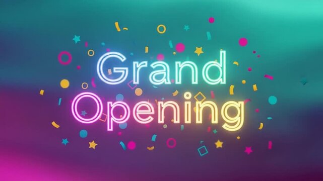 Grand Opening Celebration with Neon Lights and Confetti.