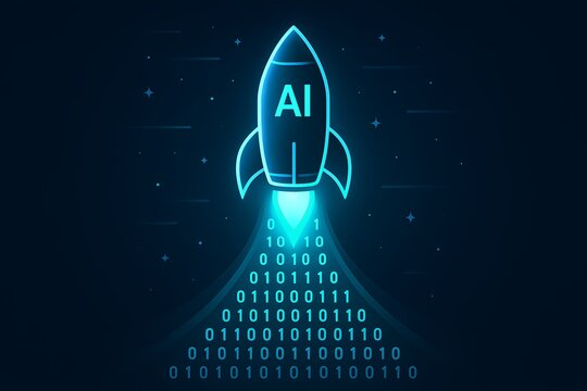 Futuristic AI rocket launching with binary code for innovation and technology - Powered by Adobe