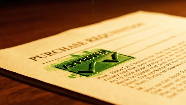 Slow-motion macro shot of a green 'APPROVED' rubber stamp pressing onto a purchase requisition document.