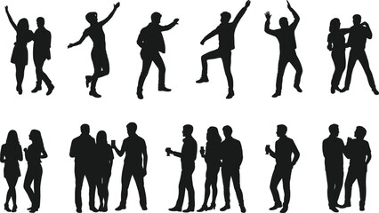 Dancing couple silhouettes, social interaction poses, celebration gesture icons, human movement reference, party vector set, body language design asseteb