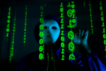 Masked hacker hacking computer. anonymous hacker wearing mask and black hoodie in dark room. online scam and cyber security threat.