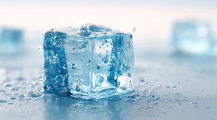 Chilled Ice Close-up of translucent blue ice cube with air bubbles