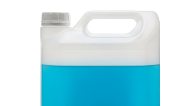 A transparent plastic container with a blue liquid and a white cap, isolated on a white background