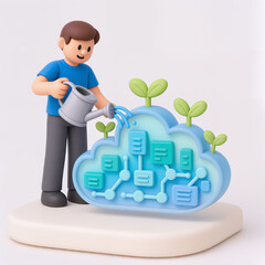 A character watering a cloud with data while nurturing growth in technology and nature