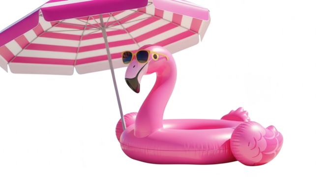 Pink flamingo inflatable float in sunglasses with a striped beach umbrella, summer holiday.
