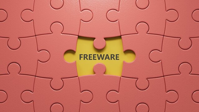 freeware.puzzle pieces with missing pieces spelling.Flat lay view from above on puzzle pieces with missing pieces buttons.IT technology concept.3D rendering.