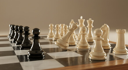 Tilted chessboard shows black pieces clustered near the left and white pieces across the arena wide