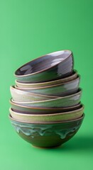A stack of colorful ceramic bowls arranged on a vibrant green background, showcasing various sizes and glaze finishes for decorative or functional use