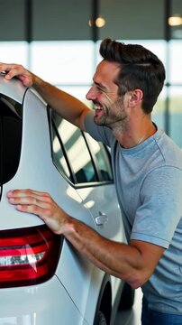 smiling adult Caucasian man relaxes leaning over white car in bright, indoor setting, enjoying joyful moment, automotive lifestyle, springtime festivity, happiness, comfort, and new car purchase