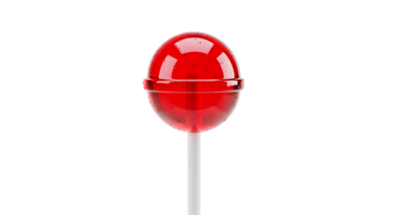 A close-up studio shot of a single red lollipop on a white background