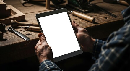 Carpenter Using Tablet with Blank Screen in Workshop