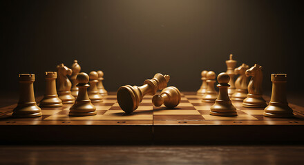 Dramatic chessboard under warm spotlight; scattered pieces mid-game evoke tense balance. tight mood