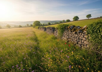 Stone Wall and Green Pasture in Countryside