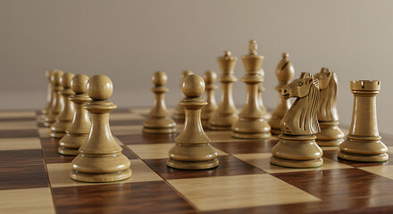 Sunlit wooden chessboard with light-toned pieces, foreground pawns in focus, distant pieces blurred