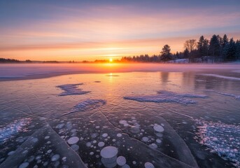 Frozen Lake with Ice Chunks at Sunrise