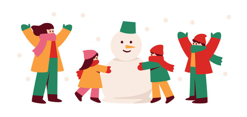 Children building a snowman, winter event illustration