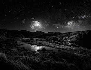 Serene Nightscape Black And White Stars Reflecting In Dark Water Landscape Photography