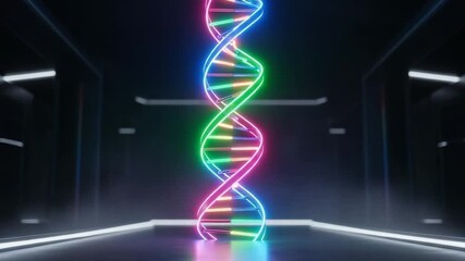 Neon DNA Helix in Futuristic Corridor - Genetic Science and Technology. - Powered by Adobe