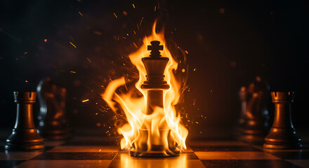 A flaming chess king stands center on a dark board, sparks flying as other pieces fade. Flames loom!