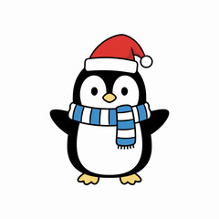 Cute penguin wearing red santa hat christmas winter holiday character mascot for festive seasonal greeting card or children celebration design