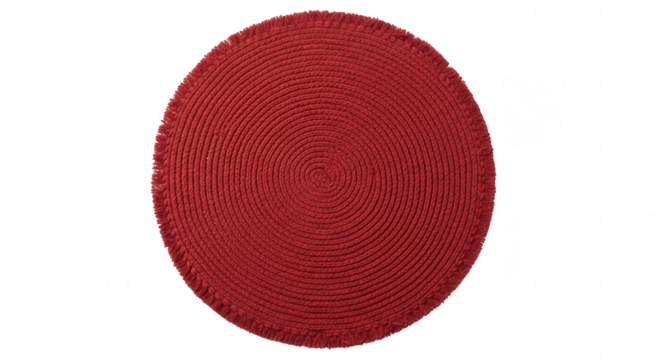 Textured round woven red placemat or mat with fringed edges for home decor and kitchen