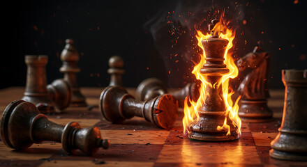 A burning chess rook stands among toppled pieces on a dark board, flames illuminate the tense scenes