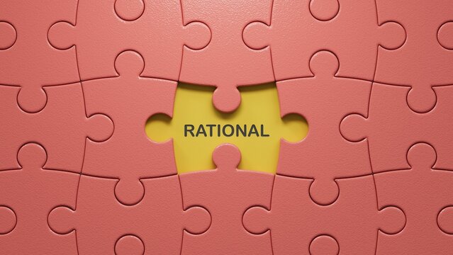 The hand puts a puzzle pieces with missing pieces with sign rational. The word is written on puzzle pieces with missing pieces.close up of puzzle pieces with missing pieces,Business Concept.3D