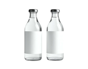 Two clear glass bottles with blank white labels